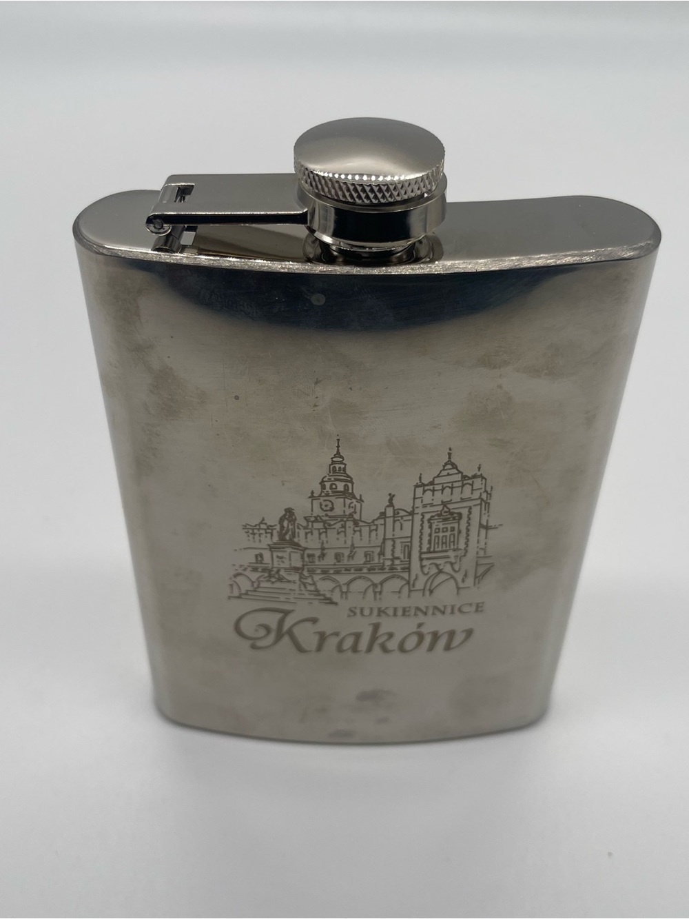 NIB Stainless Steel Kraków Engraved Hip Flask - Silver